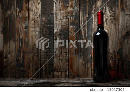Red Wine Bottle with Rustic Oak Wooden Background. ai generative 130173054