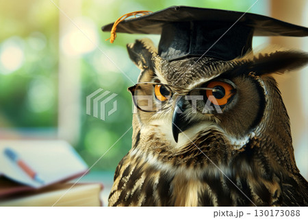 Wise owl wearing graduation cap and glasses against a stack of books on a table in a library among the shelves, Generative AI 130173088