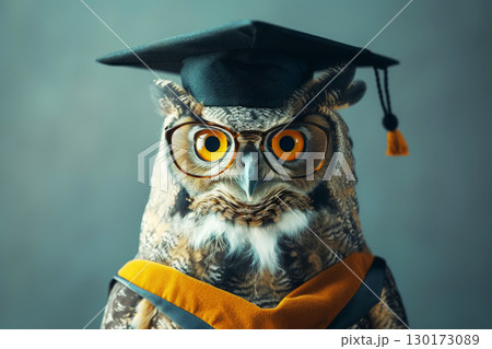 Wise owl wearing graduation cap and glasses against a stack of books on a table in a library among the shelves, Generative AI 130173089