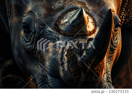 White huge wild rhinoceros standing on the savanna. AI generative 130173133