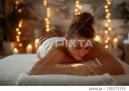 Beautiful woman massage at luxury spa for relaxation. generative AI 130173135