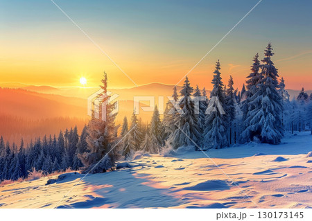 Winter landscape with hoarfrost-covered trees and a misty sunrise.ai generative Winter landscape with hoarfrost-covered trees and a misty sunrise.ai generative 130173145