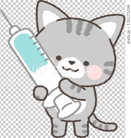 鯖魚虎斑貓拿著注射器 鯖魚虎斑貓拿著注射器 130173294