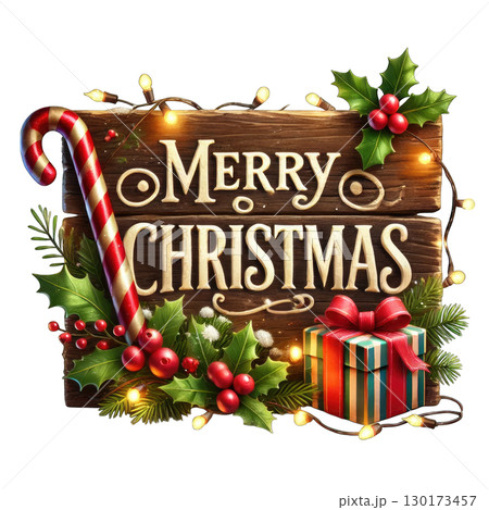 Merry Christmas sign with decorations, white isolate background 130173457