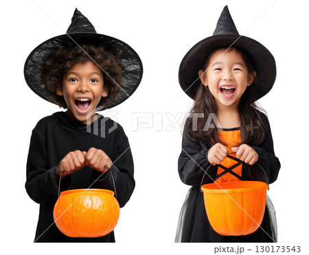 Two kids in witch costume holding pumpkin candy buckets, isolated on transparent background, Halloween concept. 130173543