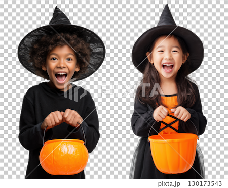 Two kids in witch costume holding pumpkin candy buckets, isolated on transparent background, Halloween concept. 130173543