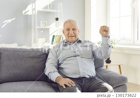 Portrait of optimistic handsome senior confident happy mature man sitting on sofa looking at camera Portrait of optimistic handsome senior confident happy mature man sitting on sofa looking at camera 130173622