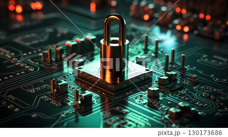 Visualization of digital cybersecurity featuring glowing lock and shield icons with a binary code background in a dark cyber environment. Ideal for IT security and tech presentations. 130173686