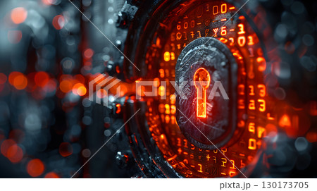 Visualization of digital cybersecurity featuring glowing lock and shield icons with a binary code background in a dark cyber environment. Ideal for IT security and tech presentations. 130173705