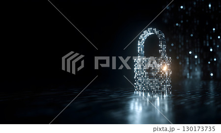 Visualization of digital cybersecurity featuring glowing lock and shield icons with a binary code background in a dark cyber environment. Ideal for IT security and tech presentations. 130173735