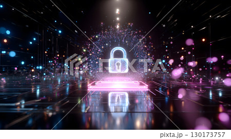 Visualization of digital cybersecurity featuring glowing lock and shield icons with a binary code background in a dark cyber environment. Ideal for IT security and tech presentations. 130173757