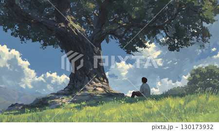 A peaceful moment of a person sitting quietly under a large tree with no devices, embracing nature. Ideal for wellness, mindfulness, and slow living themes. A peaceful moment of a person sitting quietly under a large tree with no devices, embracing nature. Ideal for wellness, mindfulness, and slow living themes. 130173932