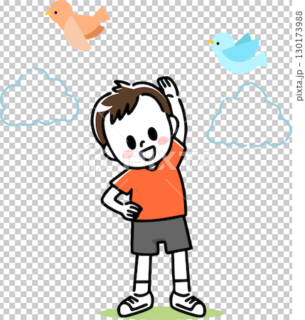 Smiling boy doing exercises energetically Smiling boy doing exercises energetically 130173988