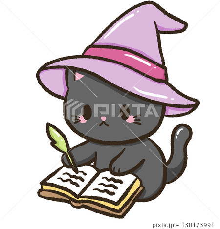 kawaii black cat wearing witch hat writing spell in grimoire book with feather pen halloween magical cute doodle cozy witchcraft familiar cartoon animal digital art illustration kawaii black cat wearing witch hat writing spell in grimoire book with feather pen halloween magical cute doodle cozy witchcraft familiar cartoon animal digital art illustration 130173991