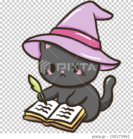kawaii black cat wearing witch hat writing spell in grimoire book with feather pen halloween magical cute doodle cozy witchcraft familiar cartoon animal digital art illustration kawaii black cat wearing witch hat writing spell in grimoire book with feather pen halloween magical cute doodle cozy witchcraft familiar cartoon animal digital art illustration 130173991