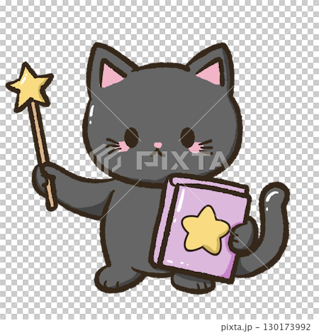 kawaii black cat wizard holding magic wand and star spellbook cute halloween witch familiar magical spell casting potion doodle kawaii animal cat lineart digital art clip art 130173992