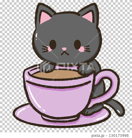 Kawaii black cat in pastel teacup illustration cute cozy drink doodle design perfect for halloween journaling scrapbooking stickers tea lover crafts and magical cottagecore stationery 130173998