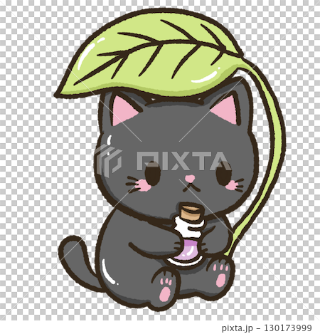 Kawaii black cat holding potion bottle under leaf umbrella cute pastel forest witch doodle for journaling scrapbooking stickers halloween spellbook pages magical woodland and potion crafts 130173999