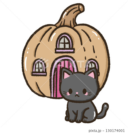 Kawaii black cat sitting in front of a pumpkin house autumn halloween cozy illustration cute cat home scene pumpkin cottage fall theme clipart for stickers cards crafts digital downloads 130174001