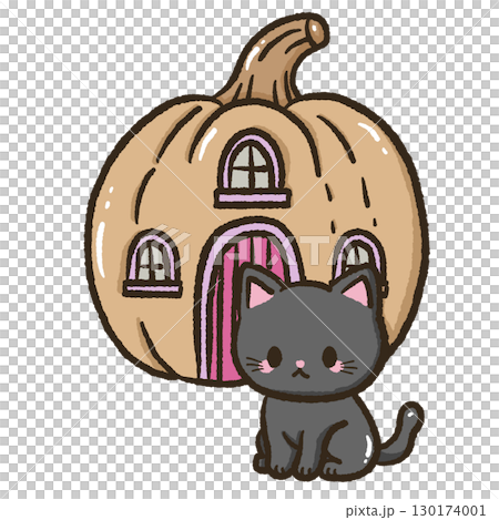 Kawaii black cat sitting in front of a pumpkin house autumn halloween cozy illustration cute cat home scene pumpkin cottage fall theme clipart for stickers cards crafts digital downloads 130174001