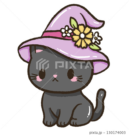 Kawaii black cat wearing floral witch hat illustration halloween pastel spooky doodle design for journaling scrapbooking stickers party invitations magical fall decor and cozy witchy crafts Kawaii black cat wearing floral witch hat illustration halloween pastel spooky doodle design for journaling scrapbooking stickers party invitations magical fall decor and cozy witchy crafts 130174003