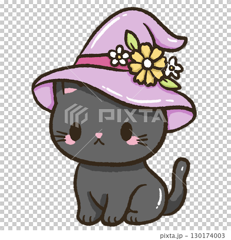 Kawaii black cat wearing floral witch hat illustration halloween pastel spooky doodle design for journaling scrapbooking stickers party invitations magical fall decor and cozy witchy crafts Kawaii black cat wearing floral witch hat illustration halloween pastel spooky doodle design for journaling scrapbooking stickers party invitations magical fall decor and cozy witchy crafts 130174003