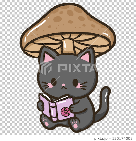 Magical Kawaii Black Cat Reading Spellbook Under Mushroom, Cozy Cottagecore Witch Familiar Art, Autumn Forest Halloween Cat Illustration, Cute Wicca Black Cat Clipart 130174005