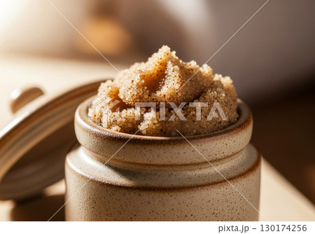 Brown Sugar Scrub in Ceramic Jar, Spa Texture Brown Sugar Scrub in Ceramic Jar, Spa Texture 130174256
