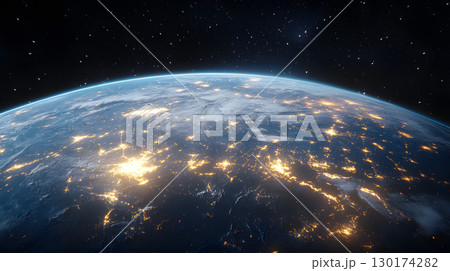 A futuristic satellite collecting climate data from Earth with glowing interface overlays. Perfect for science, tech, and environmental awareness content. 130174282