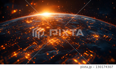 A futuristic satellite collecting climate data from Earth with glowing interface overlays. Perfect for science, tech, and environmental awareness content. 130174307