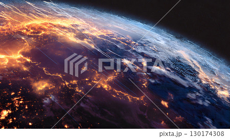 A futuristic satellite collecting climate data from Earth with glowing interface overlays. Perfect for science, tech, and environmental awareness content. A futuristic satellite collecting climate data from Earth with glowing interface overlays. Perfect for science, tech, and environmental awareness content. 130174308