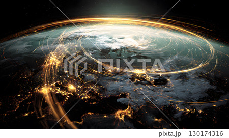 A futuristic satellite collecting climate data from Earth with glowing interface overlays. Perfect for science, tech, and environmental awareness content. 130174316