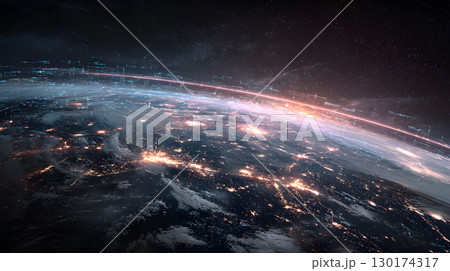 A futuristic satellite collecting climate data from Earth with glowing interface overlays. Perfect for science, tech, and environmental awareness content. 130174317