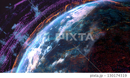 A futuristic satellite collecting climate data from Earth with glowing interface overlays. Perfect for science, tech, and environmental awareness content. 130174319