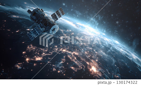 A futuristic satellite collecting climate data from Earth with glowing interface overlays. Perfect for science, tech, and environmental awareness content. 130174322