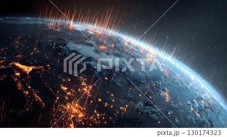 A futuristic satellite collecting climate data from Earth with glowing interface overlays. Perfect for science, tech, and environmental awareness content. 130174323