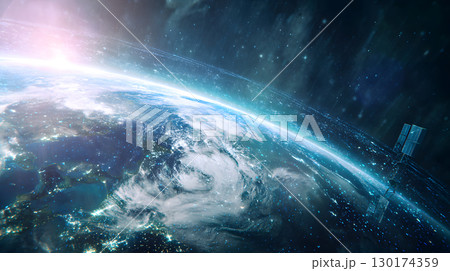 A futuristic satellite collecting climate data from Earth with glowing interface overlays. Perfect for science, tech, and environmental awareness content. 130174359