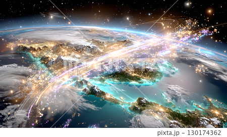 A futuristic satellite collecting climate data from Earth with glowing interface overlays. Perfect for science, tech, and environmental awareness content. 130174362