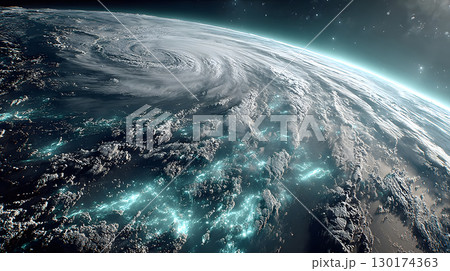 A futuristic satellite collecting climate data from Earth with glowing interface overlays. Perfect for science, tech, and environmental awareness content. 130174363