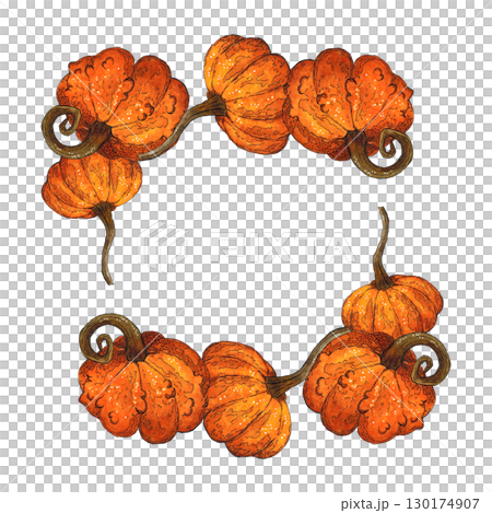 Square frame of orange pumpkins. Hand drawn illustration with watercolor and ink. Drawing for poster, print, scrapbooking. Autumn, harvest, vegetables, food, diet, vitamins Square frame of orange pumpkins. Hand drawn illustration with watercolor and ink. Drawing for poster, print, scrapbooking. Autumn, harvest, vegetables, food, diet, vitamins 130174907