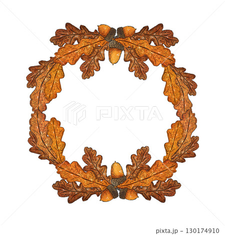 Wreath of oak leaf branches and acorns. Hand drawn illustration with watercolor and ink. Drawing for poster, print, scrapbooking. Autumn, harvest, vegetables, food, diet, vitamins Wreath of oak leaf branches and acorns. Hand drawn illustration with watercolor and ink. Drawing for poster, print, scrapbooking. Autumn, harvest, vegetables, food, diet, vitamins 130174910