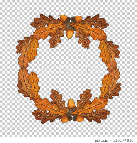 Wreath of oak leaf branches and acorns. Hand drawn illustration with watercolor and ink. Drawing for poster, print, scrapbooking. Autumn, harvest, vegetables, food, diet, vitamins Wreath of oak leaf branches and acorns. Hand drawn illustration with watercolor and ink. Drawing for poster, print, scrapbooking. Autumn, harvest, vegetables, food, diet, vitamins 130174910