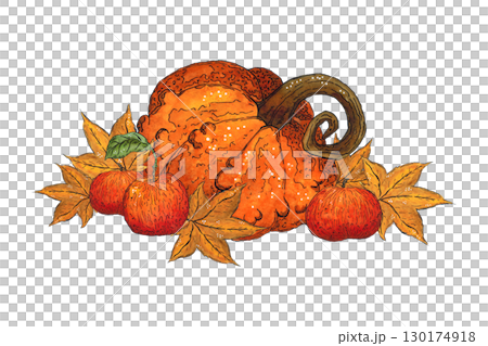 Autumn composition of apples, leaves and pumpkins. Watercolor illustration hand drawn. Drawing for stickers, poster, scrapbooking. Autumn, harvest, maple leaf, pumpkin, orange Autumn composition of apples, leaves and pumpkins. Watercolor illustration hand drawn. Drawing for stickers, poster, scrapbooking. Autumn, harvest, maple leaf, pumpkin, orange 130174918