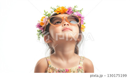 Cute Little Girl with Flower Crown and Sunglasses Cute Little Girl with Flower Crown and Sunglasses 130175199