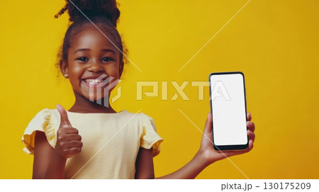 Happy Girl Showing Smartphone with Thumbs Up 130175209