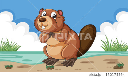 Cartoon Platypus Smiling by Riverbank in Nature Scene 130175364