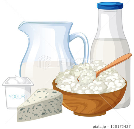 Assorted Dairy Products in Flat Vector Illustration 130175427