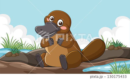 Cartoon Platypus Sitting by a Pond on a Sunny Day 130175433