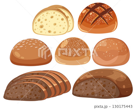 Assorted Artisan Bread Loaves and Slices Vector Illustration 130175443