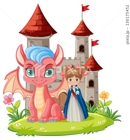 Princess and Friendly Dragon in Front of Castle 130175452